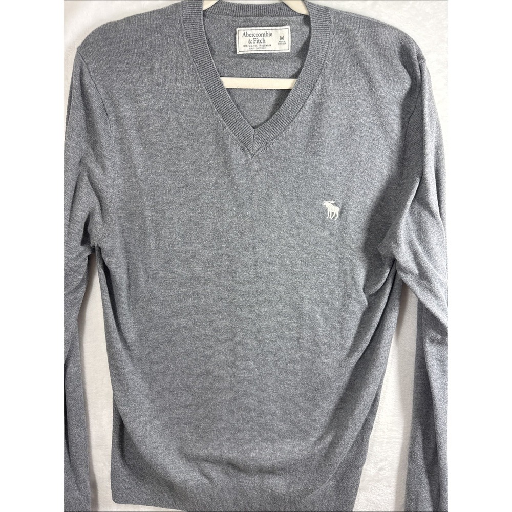 Abercrombie & Fitch Mens V-Neck Sweater Heather Gray Moose Logo Size M 175162201